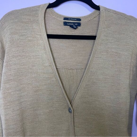 Lands' End 100% Merino Wool Cardigan Sweater Tan Button Long Sleeve Pockets S - Picture 9 of 9